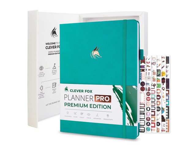 Planner PRO Premium, Undated Weekly, Daily, Budget, Green 8.5x11' Not dated, Eco leather hardcover, box, stickers, Detailed vision & goal setter,...