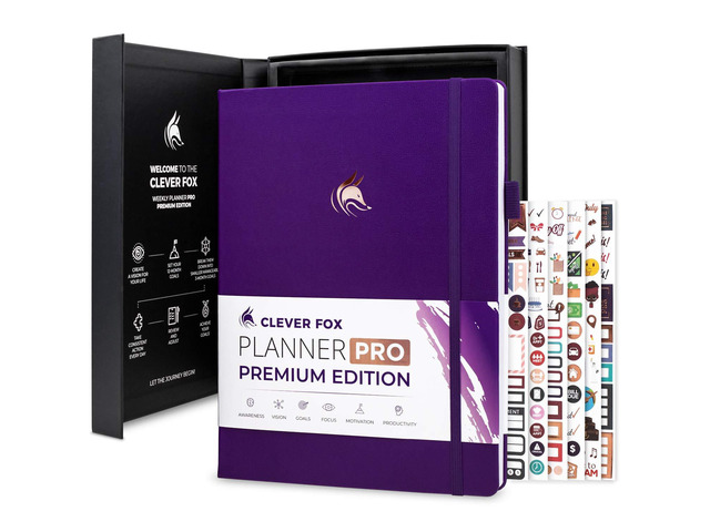 Planner PRO Premium, Undated Weekly, Daily, Budget, Purple 8.5x11' Not dated, Eco leather hardcover, box, stickers, Detailed vision & goal setter,...