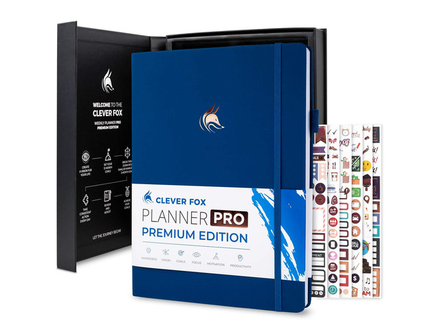 Planner PRO Premium, Undated Weekly, Daily, Budget, Navy Blue 8.5x11' Not dated, Eco leather hardcover, box, stickers, Detailed vision & goal...