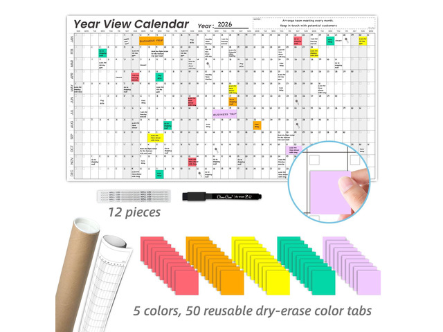 Large Dry Erase Wall Calendar - 24'x 45' Undated 12-Month Yearly Wall Calendar for Home, Office, Classroom - 50 Reusable Dry Erase Color Tabs Included