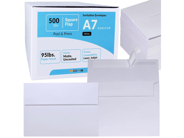 500 Pcs White A7 Invitation Envelopes 5 1/4 x 7 1/4 Square Flap Envelopes Self Seal 95lb for Wedding Shower Birthday Bussiness Graduation Mailing...