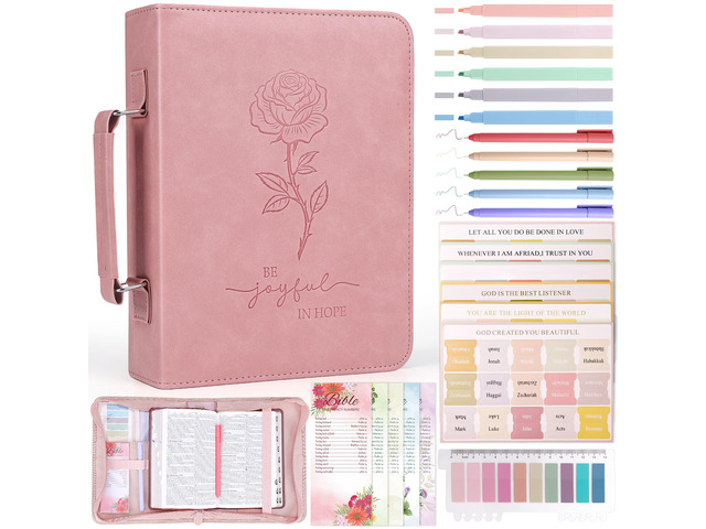 Bible Cover Case for Women Leather Bible Bag Kit Church Book Holder Pink & Embossed Rose Journaling Kit Portable Carrying Organizer w/Handle, Tabs,...