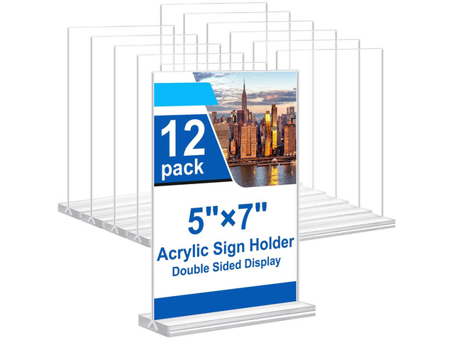 5x7 Acrylic Sign Holder, 12 Pack Vertical Plastic Signs Frame Table Top Display, Double Sided Display Flyer Holder Menu Holders Clear Stand for...