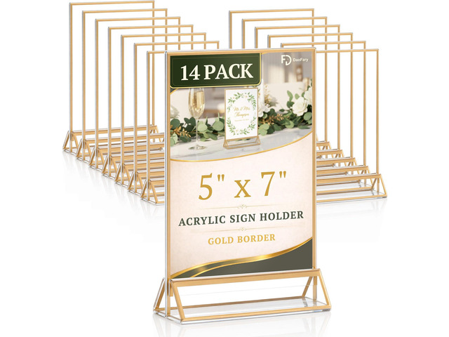 Acrylic Sign Holder 5x7, 14 Pack Double-Sided Gold Tabletop Frame Double-Sided Gold Acrylic Sign Holder and Table Number Frames for Menus, Flyers,...
