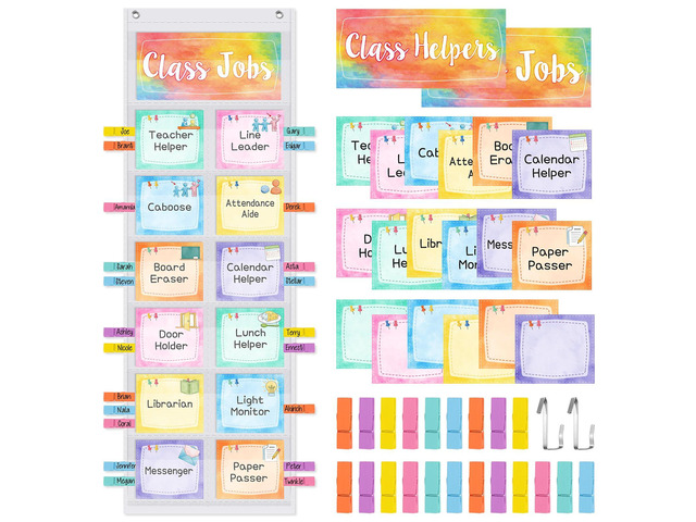 Watercolor Class Jobs Pocket Chart Class Helpers Pocket Chart Classroom Jobs Chart Cards with Clips and Hooks Teacher Helper Bulletin Board Set,...