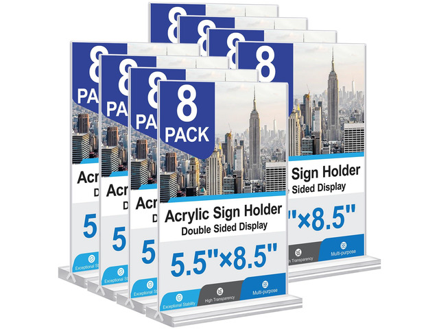 Acrylic Sign Holder 5.5x8.5 Inches 8 Pack, Double Sided Vertical Clear Display Stand, Plastic Frame Flyer Holder for Tabletop, Office, Restaurant,...