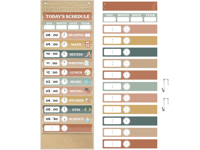 Burlap Daily Schedule Pocket Chart with 31 Reusable Cards and 14 Pockets Retro Rainbow Classroom Decor Farmhouse Schedule Charts Decorations for...