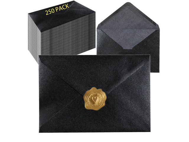 A7 Black 5x7 Envelopes 250Pcs, 120g Pearl Paper with Gold Stickers Premium 120g Pearl Glitter Paper, Printable & Writable, for Wedding Invitations,...