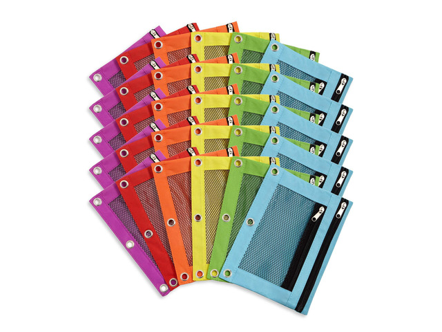 30 Pencil Pouches, 3 Ring, Mesh Window, Assorted 9.8 x 7.4 in Nylon Pouch and Pencil Case, Double Zipper, Mesh Window, 3 Ring, for Binders and...
