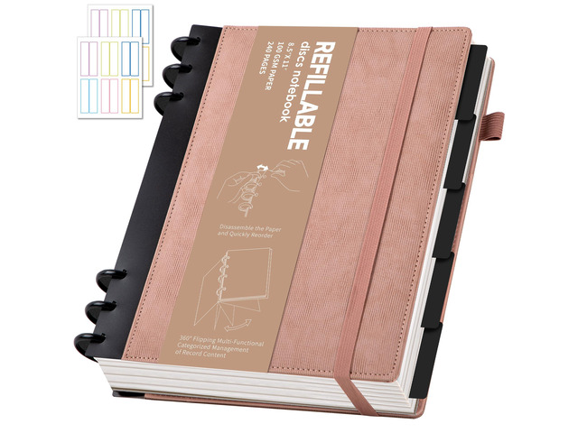 Refillable Notebooks for Work 5 Subject with Removable Dividers Tabs Pink,240 Pages Hardcover Leather Journals for Writing Large Discbound Planner...