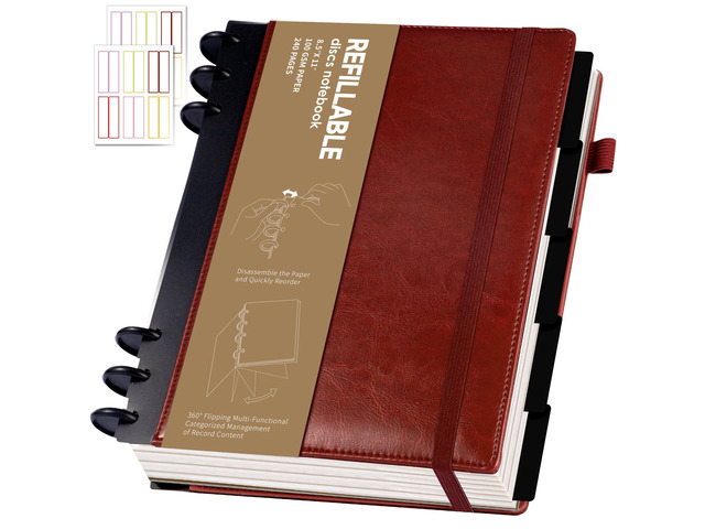 Refillable Notebooks for Work 5 Subject with Removable Dividers Tabs Red,240 Pages Hardcover Leather Journals for Writing Large Discbound Planner...