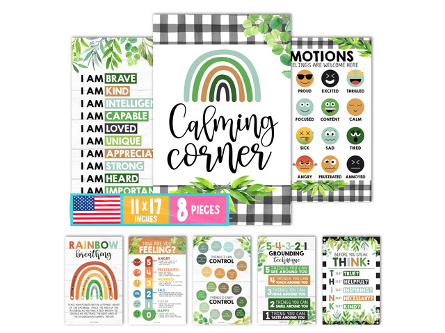 8 Calming Corner Classroom Must Haves, Coping & Feelings Poster for Kids Calm Corner Posters with Emotions Chart, School Counselor Mental Health...