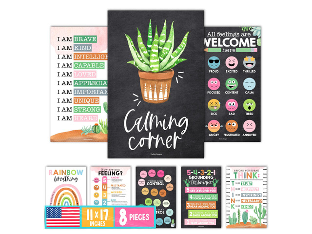 8 Calming Corner Classroom Must Haves, Coping & Feelings Poster for Kids Calm Corner Posters with Emotions Chart, School Counselor Mental Health...