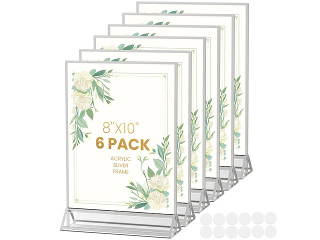 8X10 Silver Picture Frames Double-Sided Acrylic Sign Holder, 6PCS 8X10 Silver Frames for Menu Holder Wedding Table Number Holder Christmas Photo...
