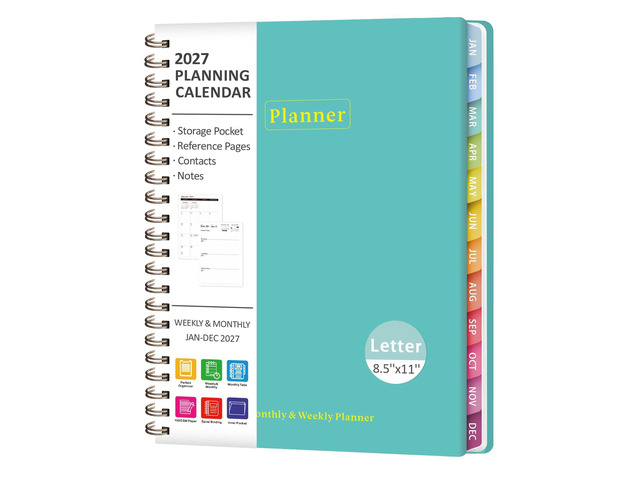2027 Planner, Weekly and Monthly Calendar Planner Book, JAN 2027 - DEC 2027 Letter(8.5'' x 11''), Hardcover, Sprial Bound, Inner Pocket, Office and...