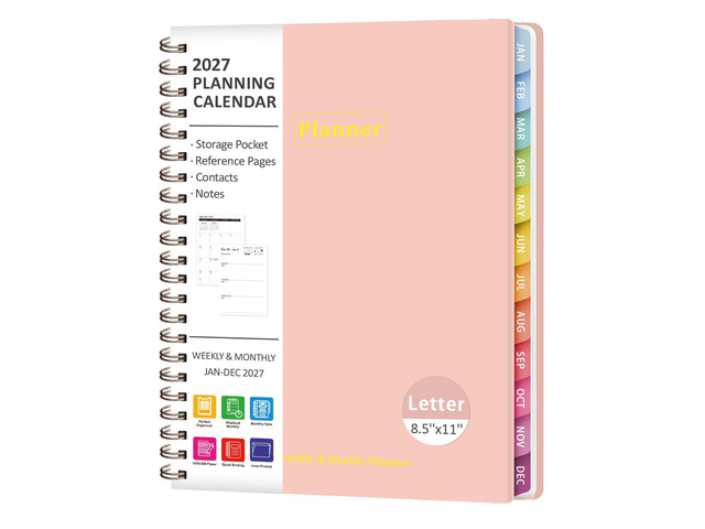 2027 Planner, Weekly and Monthly Calendar Planner Book, JAN 2027 - DEC 2027 Letter(8.5'' x 11''), Hardcover, Sprial Bound, Inner Pocket, Office and...