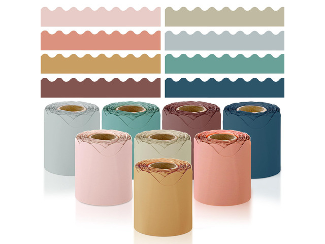 8 Rolls 262.4 Feet Scalloped Bulletin Board Borders Bulletin Boarder Trim School Decoration Borders for School, Classroom Decoration, Boho Colors