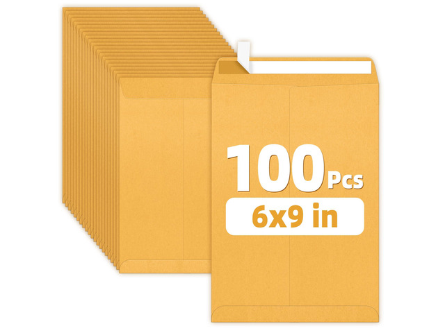6x9 Manilla Envelopes, 28lb Brown Kraft, Ultra Strong Quick-Seal Security Catalog Mailing Envelopes for Flat Letter Size Documents or Photos, 100...