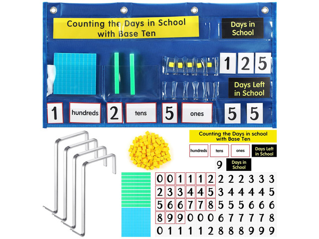 Counting the Days in School Pocket Chart with Base Ten Back to School Place Value Pocket Chart with Math Counting Caddie & 4 Hooks for Classroom...