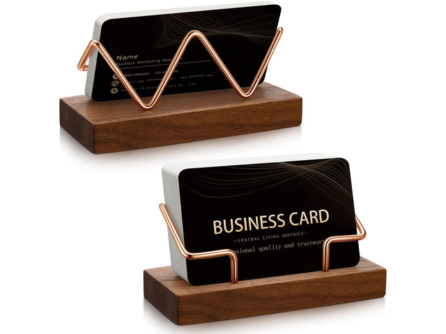 2 Pieces Wood Business Card Holder for Desk,Walnut Color, Rose Gold Wooden Holders with Metal Stand, Office Desktop Organizer, Card Reception...