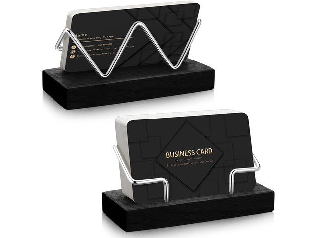 2 Pieces Wood Business Card Holder for Desk,Black, Silver Wooden Holders with Metal Stand, Office Desktop Organizer, Card Reception Display,...