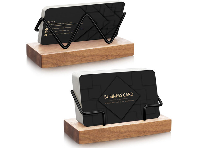 2 Pieces Wood Business Card Holder for Desk,Light Wood Color, Black Wooden Holders with Metal Stand, Office Desktop Organizer, Card Reception...