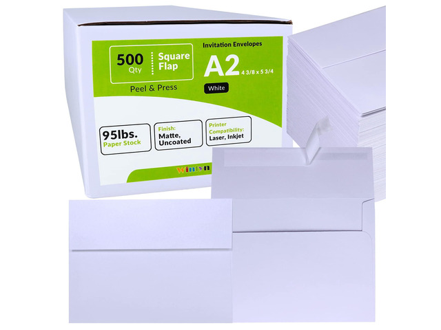 500 Pcs Bulk A2 Invitation Envelopes in White Peel & Press Self Seal 4 3/8 x 5 3/4 Square Flap Envelopes RSVP Return Envelopes 95lb. for...