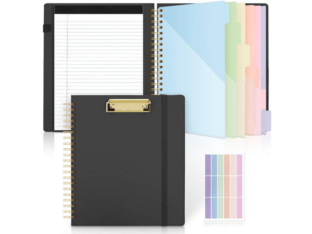 Storage Clipboard Folder with 6 Dividers & Refillable Notepad 6 Dividers with 12 Pockets for Letter Size, A Snap-seal Letter size Pouch,Spiral...