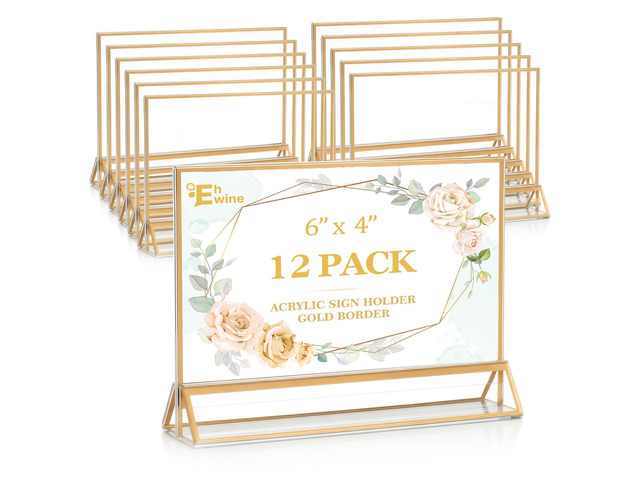 12 Pack Acrylic Sign Holder 4 x 6 Horizontal, Double-Sided Stand up Table Top Sign Holders, Gold Acrylic Picture Frame Menu Flyer Paper Holder...