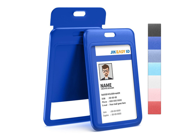 50 Pack Blue Hard Plastic ID Badge Holders, Vertical, Heavy Duty