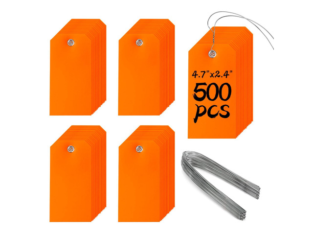 500 Plastic Shipping Tags with Wire - Waterproof Heavy Duty Labels with String Wires - Orange, 4 3/4 x 2 3/8