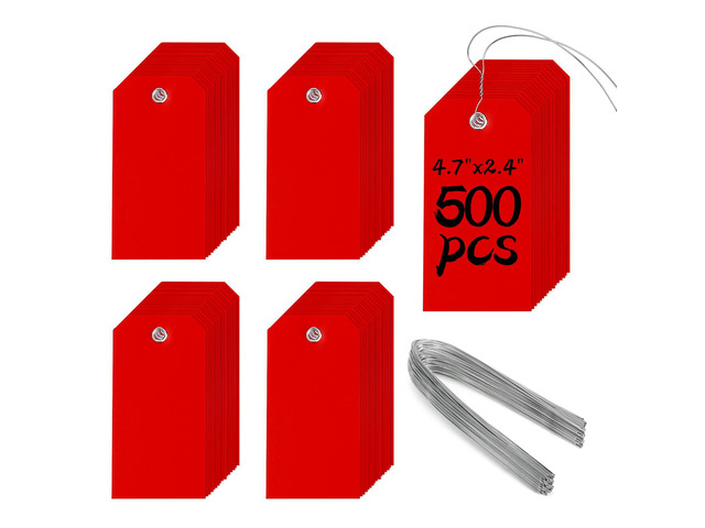 Heavy Duty Plastic Shipping Tags - Waterproof Hang Tags with String Wires, Ideal for Car Parts & Equipment (Red, 4 3/4 x 2 3/8)