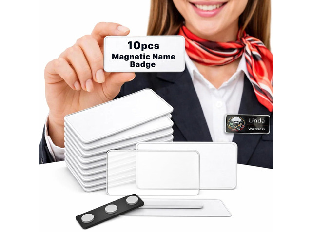 10 Pack DIY Reusable Magnetic Name Badge Holder + Clear Acrylic Cover Customizable, Printable Magnetic Employee Name tags for Hotel, Restaurant,...