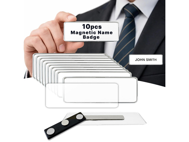 10 Pack DIY Reusable Magnetic Name Badge Holder + Clear Acrylic Cover Customizable, Printable Magnetic Employee Name tags for Hotel, Restaurant,...