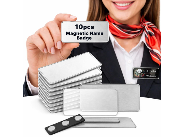 10 Pack DIY Reusable Magnetic Name Badge Holder + Clear Acrylic Cover Customizable, Printable Magnetic Employee Name tags for Hotel, Restaurant,...