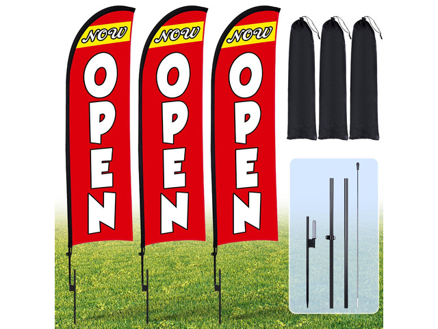 3 Sets 12 ft Now Open Feather Flag Pole Kit for Business Advertising Open Flag Banner Sign with Pole Kit Ground Stake and Portable Bag for Outside...