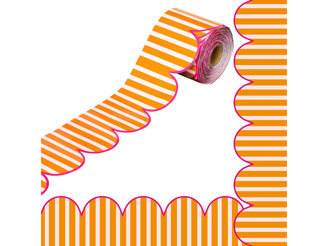 69 Ft Pink Orange Striped Bulletin Board Border, Scalloped Trim Orange White Stripes, Scalloped Die Cut Edge, Back to School Trim for Bulletin...