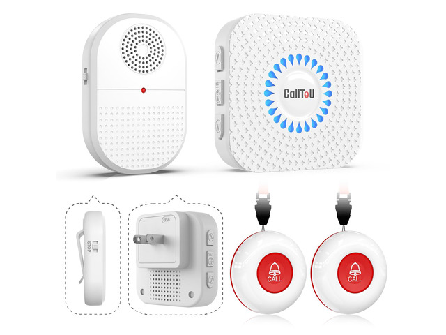 Wireless Caregiver Pager, 2 Buttons, Vibrating & Plug-in Receivers Dual IP55 Call Bells; Portable Vibration Alert for Yard/Garage; Outlet Sound &...