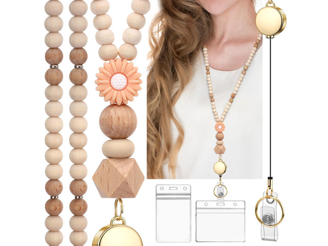Retractable Teacher Lanyard with Id Holder Cute Natural Wooden Beaded Lanyard for Id Badges Keys for Women