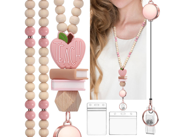 Retractable Teacher Lanyard with Id Holder Cute Natural Wooden Beaded Lanyard for Id Badges Keys for Women