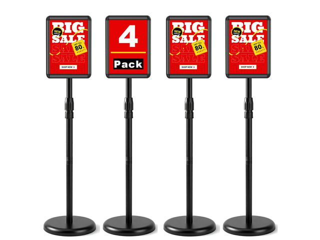 Sign Holder Stand 8.5x11 inch - Adjustable Floor Standing Sign Holder -Snap open frame,360° Rotation for Malls,Schools,Restaurants (Black 4 Pack)