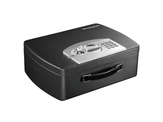 Portable Black Safe Box with Digital Keypad Lock, Small Steel Travel Safe with Carrying Handle for Money, Passport, 0.21 Cubic Feet, 4.4 x 13 x 10...