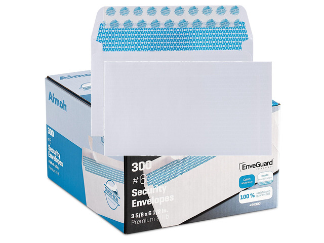 300#6 3/4 Security Tinted Self-Seal Envelopes - No Window, EnveGuard, Size 3-5/8 X 6-1/2 Inches - White - 24 LB - 300 Count (34300)