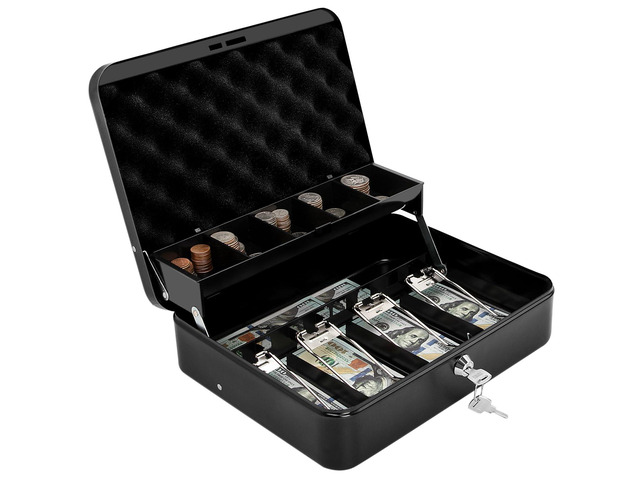 Cash Box with Key Lock & Foam Auto-Pop Coin Tray Secure Steel Money Box with 4 Upgraded Finger-Safe Bill Clips, Premium Smooth Scratch-Resistant...