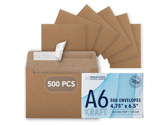 MOS Kraft Greeting Card Envelopes A6 (4.75 x 6.5 Inch) 500 Pack, Self-Seal Heavyweight Brown Envelopes for 4.5 x 6.25 Cards, 4x6 Photos, Rustic...