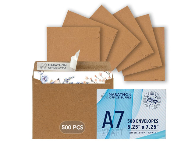 MOS Kraft 5x7 Invitation Envelopes A7 (5.25 x 7.25 Inch) 500 Pack, Self-Seal Heavyweight Brown Envelopes for 5x7 Cards, Photos, Rustic Wedding...