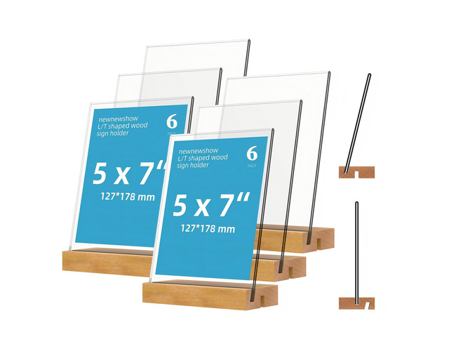 5'x7' Acrylic Sign Holder with Wood Base Wood Sign Holder Vertical or Slant Back Display for Store Office (6pack)