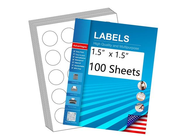 1.5' Round Blank Printable Labels, Adhesive Circles for Inkjet Printing 20 Per Sheet, Matte White (Pack of 100)