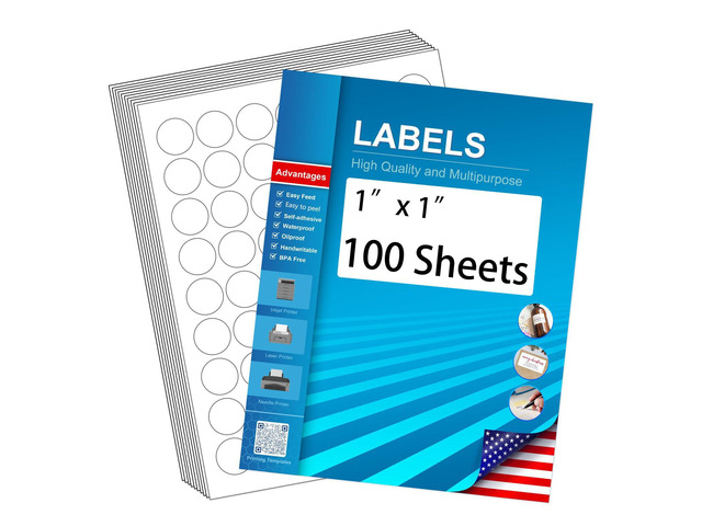 1' Circle Sticker Labels, Round Printable Sticker Labels to Write On, Sticker Paper for Inkjet Printer, (63 Labels/Sheet), 100 Sheets
