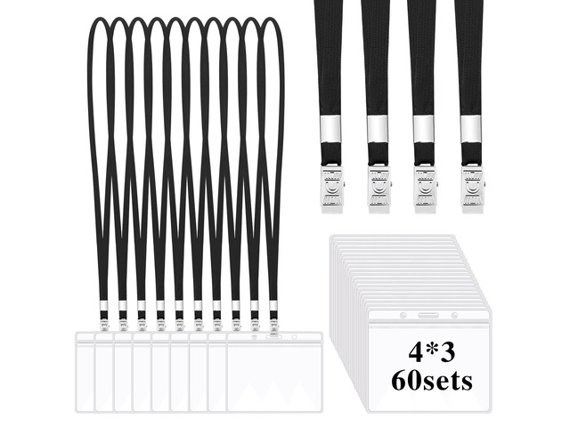 60 Pack Clear Id Badge Holders with Black Lanyards, Horizontal Reusable Pvc Holders, Waterproof Zip Seal, 4.3 x 3.1 In Inner Size, Soft Lanyards...